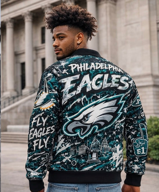 Philadelphia Streetwear Jacket | Graffiti Football Jacket | Urban Game Day Jacket | Hip Hop Bomber | All Over Print Coat