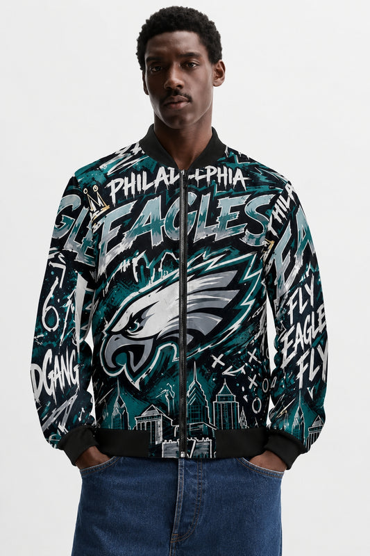 Philadelphia Streetwear Jacket | Graffiti Football Jacket | Urban Game Day Jacket | Hip Hop Bomber | All Over Print Coat